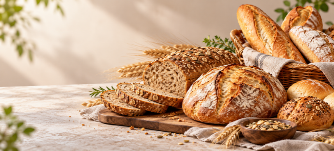 Sourdough loaves, baguettes and croissants